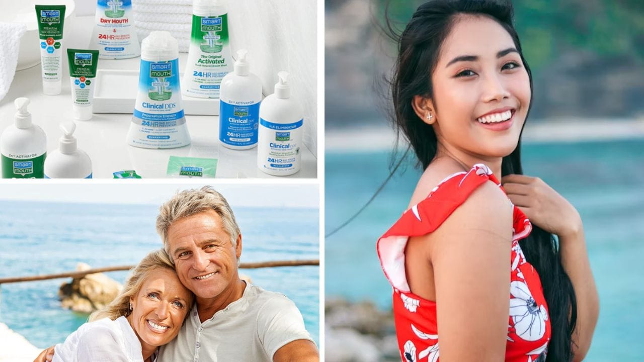 Photos of smiling people and mouthwash samples