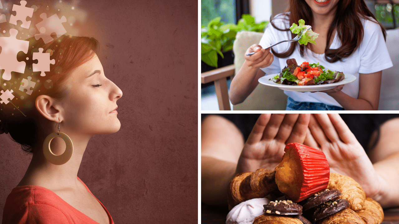 Photos of food choices and a mindful puzzle in support of mindful eating
