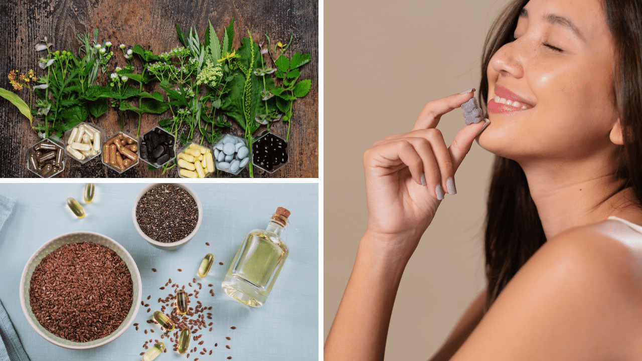 Photos and images of dietary supplements and a lady taking a gummie.